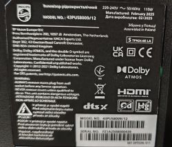 Philips TV rating label with model 43PUS8009/12, power specs, and certification logos