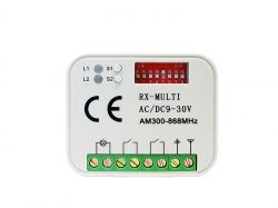 Odbiornik RX-MULTI z oznaczeniami L1, L2, S1, S2 oraz przełącznikami DIP i złączami.
