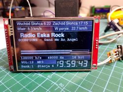 TFT display showing an internet radio interface with weather info and a Scorpions track