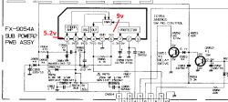 Schemat zasilania monitora JVC TM-910SU z zaznaczonymi wartościami napięć 5.2V i 9V.