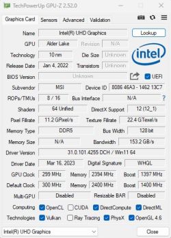 Zrzut ekranu GPU-Z przedstawiający dane GPU Intel UHD z zegarem 299 MHz