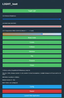 User interface for testing and configuring LED settings with buttons for various lighting effects.