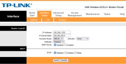 Zrzut ekranu z panelu konfiguracyjnego routera TP-Link na zakładce LAN z ustawieniami adresu IP i DHCP.