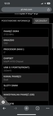 Zrzut ekranu specyfikacji płyty głównej MSI H110M PRO-VD na stronie internetowej.