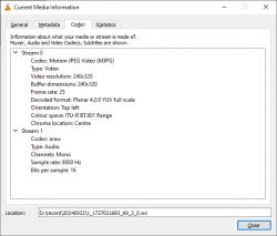 Media information in VLC showing video and audio stream details.