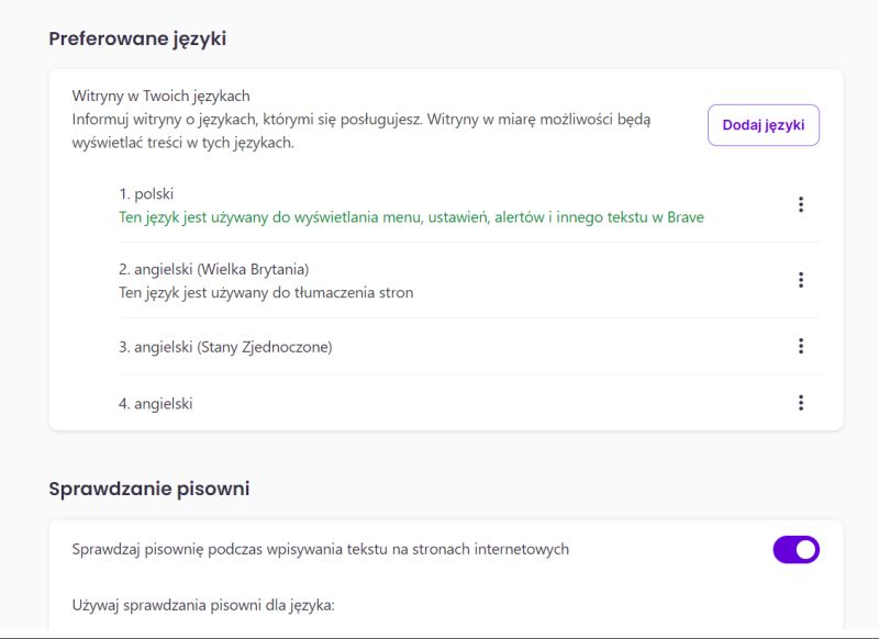 Ustawienia języka i sprawdzania pisowni w przeglądarce Brave