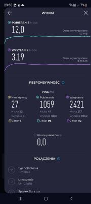 Zrzut ekranu wyników testu prędkości internetu z T-Mobile na smartfonie.