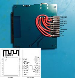 Image of a circuit board with red wires connected to pins labeled as TX0 PA14, 3.3V, RX2 PA15, RX0 PA13, GND, A1, TX2 PA16, GND, A0, 3.3V.