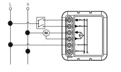 Wiring diagram with L and N lines, a switch, motor M, and terminal connections inside a device housing
