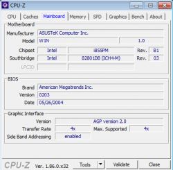 Zrzut ekranu z programu CPU-Z pokazujący szczegóły płyty głównej laptopa Asus W1N.
