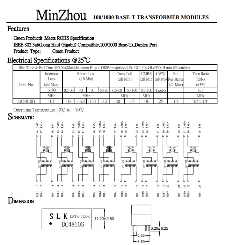 MinZhou datasheet page with specs table and schematic for 100/1000 BASE‑T transformer module DC4810G