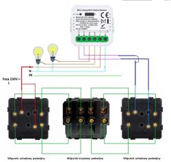 Diagram of Wi-Fi switch module wiring with double stair and crossover switches to control two light bulbs.