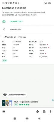 Zrzut ekranu pokazujący szczegóły połączenia T-Mobile 4G LTE 2100.