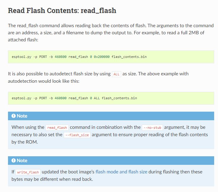 Screenshot of esptool.py instructions for reading flash memory contents.