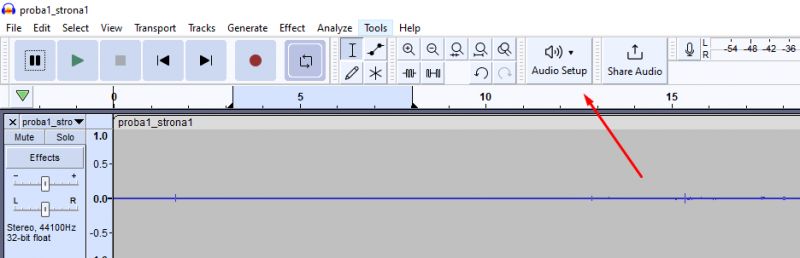 Zrzut ekranu programu Audacity z zaznaczonym Audio Setup.