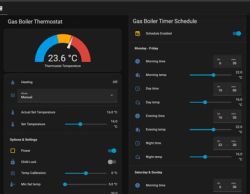 Gas boiler thermostat control screen showing 23.6°C and a timer schedule panel with sliders