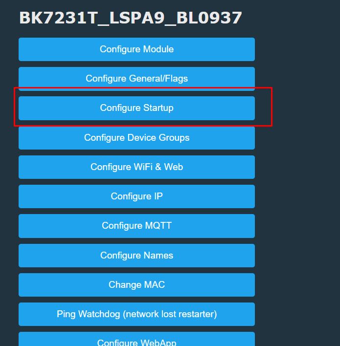 Configuration menu for device BK7231T_LSPA9_BL0937 with the Configure Startup button highlighted.