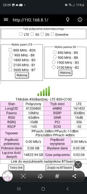 Zrzut ekranu z aplikacji HManager pokazujący wybór pasm LTE i szczegóły połączenia sieci T-Mobile
