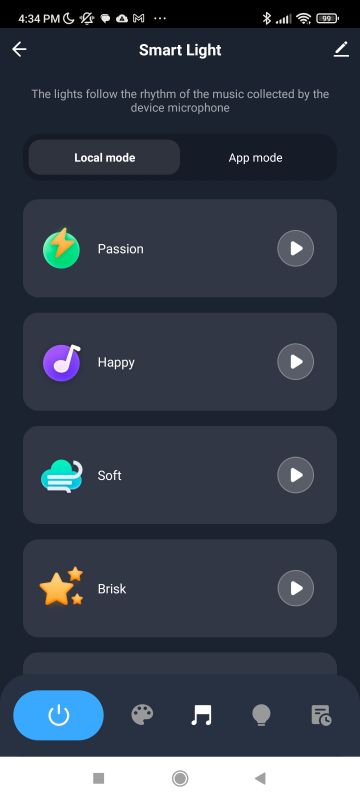 Smart Light App Panel with Lighting Modes Smart Light app screen with lighting modes.