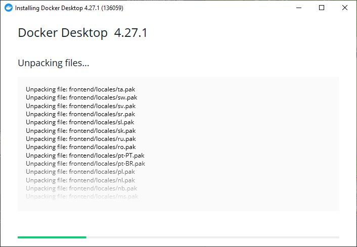 Docker Desktop 4.27.1 Installation Screenshot of Docker Desktop 4.27.1 installation showing file unpacking process.
