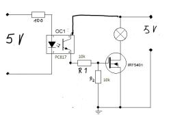 Schemat elektryczny włącznika z MOSFET IRF540N, optoizolatorem PC817 oraz dwoma rezystorami oznaczonymi jako R1 i R2.
