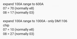 Instructions for extending the measurement range from 100A to 600A and 1000A, with byte settings modifications.