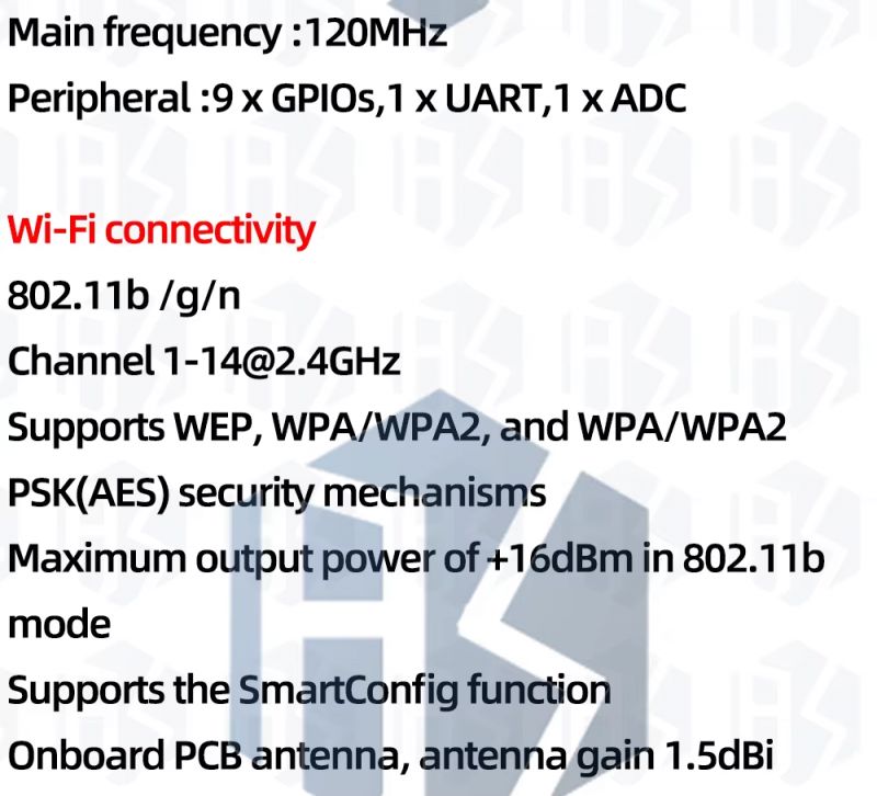 Wi-Fi Specification for NiceMCU WB3S Module Wi-Fi connectivity specification of a module with a main frequency of 120MHz.