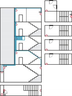 Szkic architektoniczny budynku z umiejscowieniem kamer.