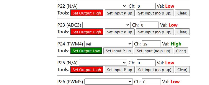 GPIO interface section with pin settings from P22 to P26 on OP-WF-A3 controller