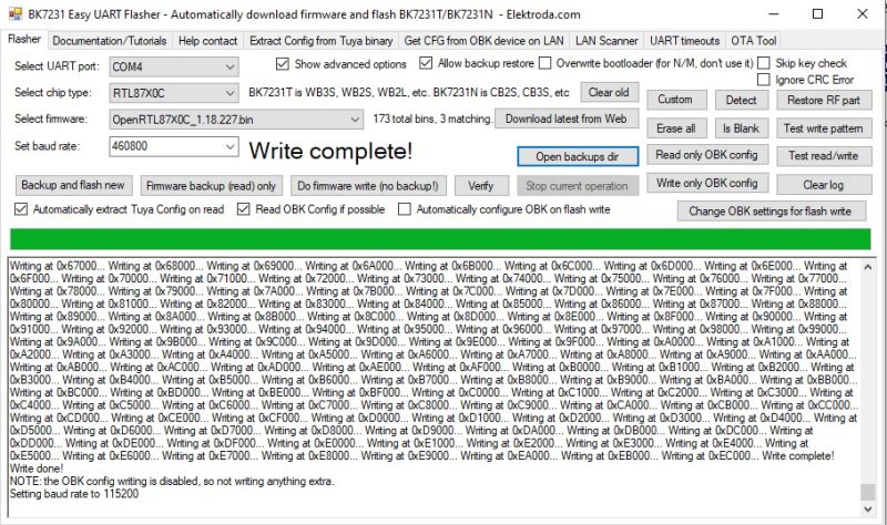 Screenshot of BK7231 Easy UART Flasher after successful firmware write process