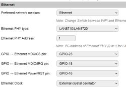 ESP32 Ethernet settings with Ethernet medium and LAN8710/LAN8720 PHY type selected