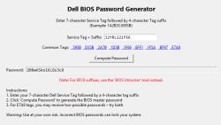 Zrzut ekranu „Dell BIOS Password Generator” z wpisanym 12YRL121F66 i wygenerowanym hasłem.