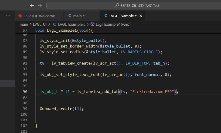 Kod C z funkcją Lvgl_Example1 w edytorze Visual Studio Code