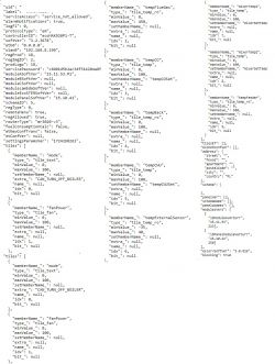 The image shows a screenshot of JSON code containing various configuration parameters of a device, including temperatures and modes.