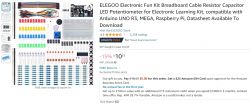 ELEGOO electronic kit with wires, resistors, capacitors, LEDs, and other components on a white background.