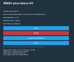 Screenshot of W803-pico-biuro-02 status page with Config, Restart, and Launch Web Application buttons