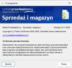 Okno „O programie” Fineco Sprzedaż i magazyn z wersją 6.511.2026 i danymi licencyjnymi
