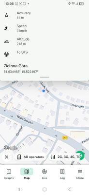 Zrzut ekranu z aplikacji pokazującej lokalizację w Zielonej Górze i dane GPS