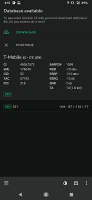 Zrzut ekranu z aplikacji mobilnej pokazujący szczegóły sygnału T-Mobile 4G LTE i dane techniczne.