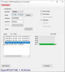 Screenshot of Ameba 1-N MP ImageTool v2.5.27 software during configuration and USB serial port selection.