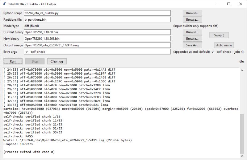 Screenshot of TR6260 OTA v1 Builder GUI with file fields and a log showing OTA image build steps