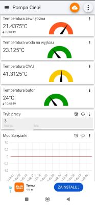 Ekran aplikacji monitorującej pompę ciepła z danymi temperatury i wykresem.