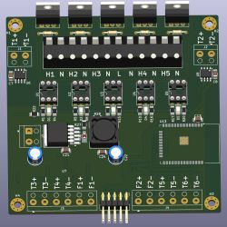 Render 3D płytki PCB sterownika z elementami SMD, złączami śrubowymi i opisami H1–H5 oraz T1–T6.