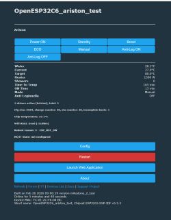 Screenshot of OpenESP32C6_ariston_test dashboard with control buttons and temperature readouts