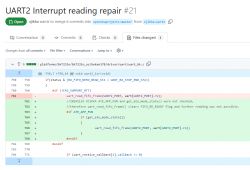 Screenshot showing a code change related to UART2 interrupt reading repair in an open-source project.