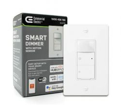 Smart Dimmer with Motion Sensor Commercial Electric smart dimmer with motion sensor in packaging.