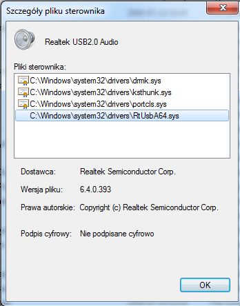 Okno właściwości sterownika Realtek USB2.0 Audio z informacją o braku podpisu cyfrowego
