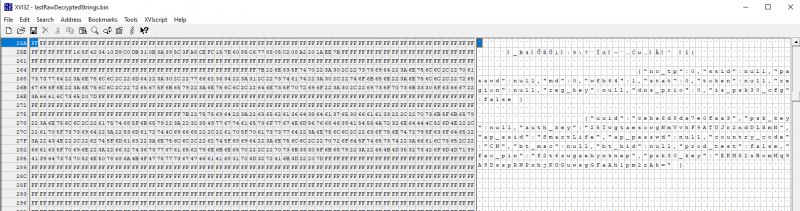 A screenshot of XVI32 software showing a binary file with hexadecimal data and their ASCII representation.