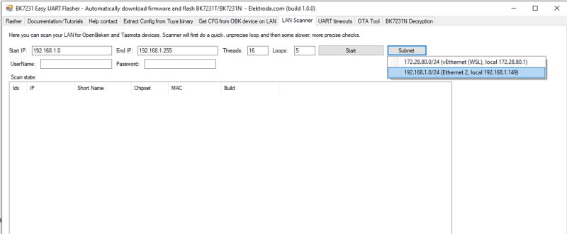Screenshot of BK7231 Easy UART Flasher showing subnet dropdown, IP range fields, and Start button