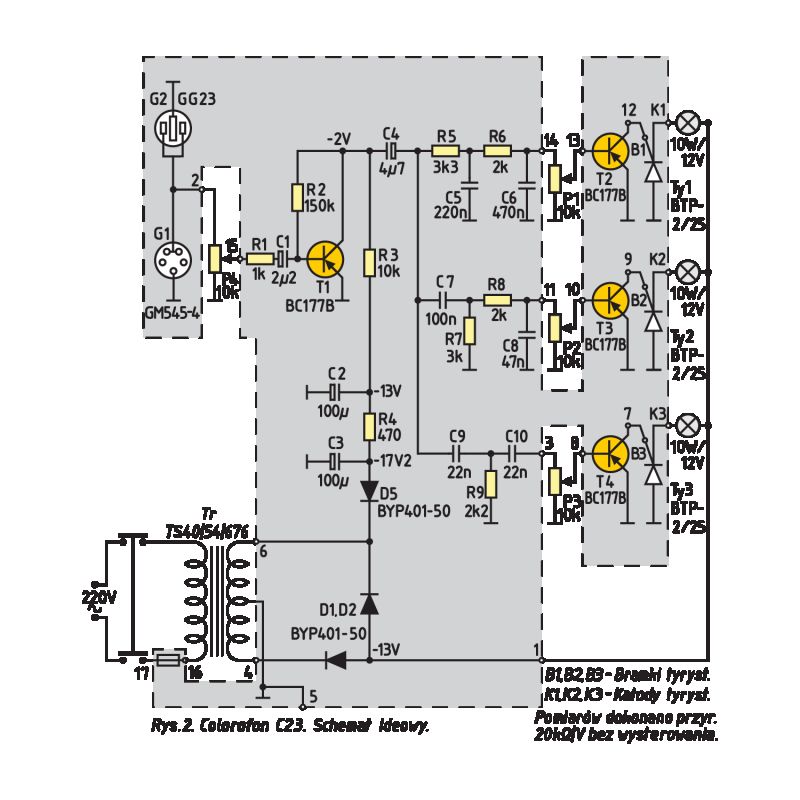 Colorofon C23 electronic schematic with components like transistors and light bulbs.
